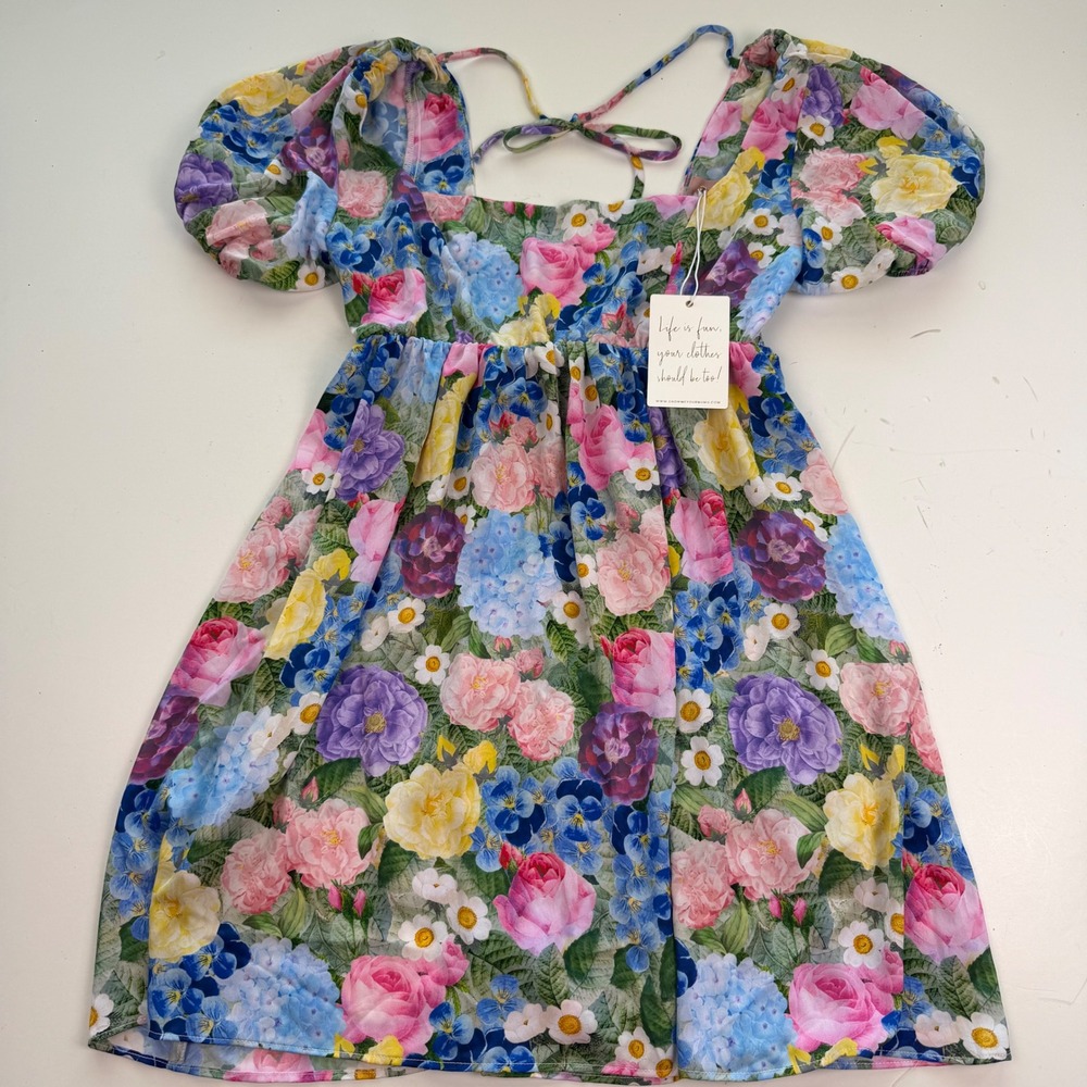 Show Me Your Mumu Floral Mini Dress Short Puff Sleeve Square Neck Baby Doll L